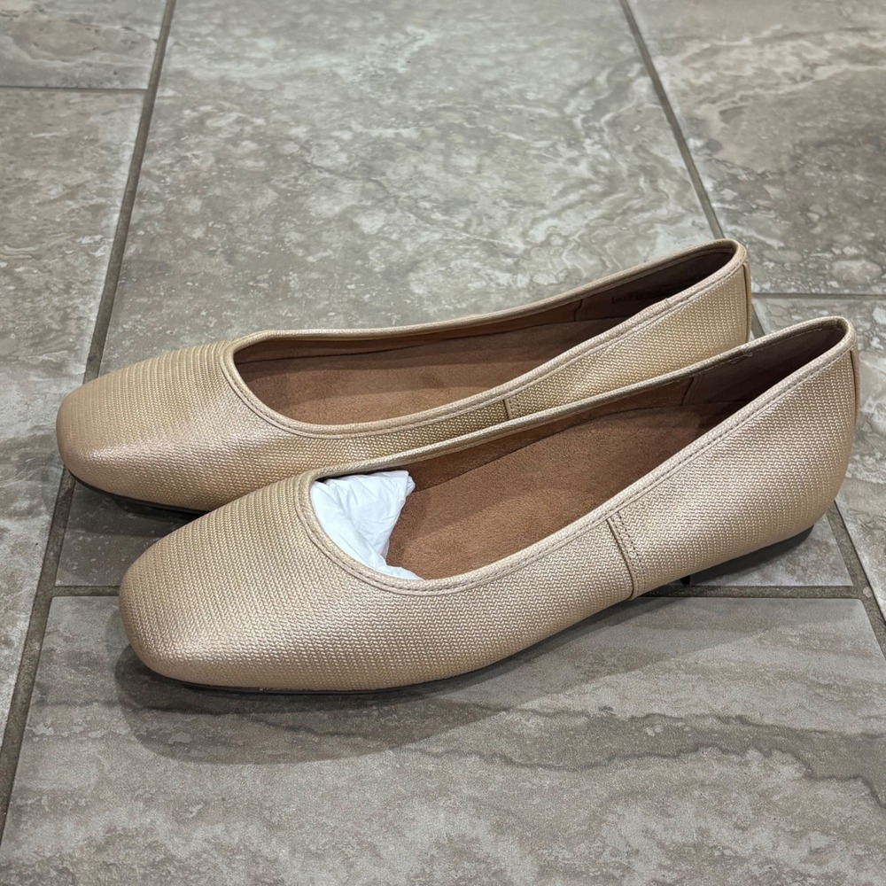 Vionic Orinda Metallic Champagne Gold Woven Square Toe Ballet Flats Womens 9.5